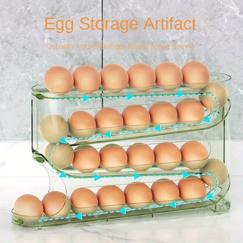 Durable 4-tier egg holder with auto-roll feature for large capacity refrigerator and kitchen storage.