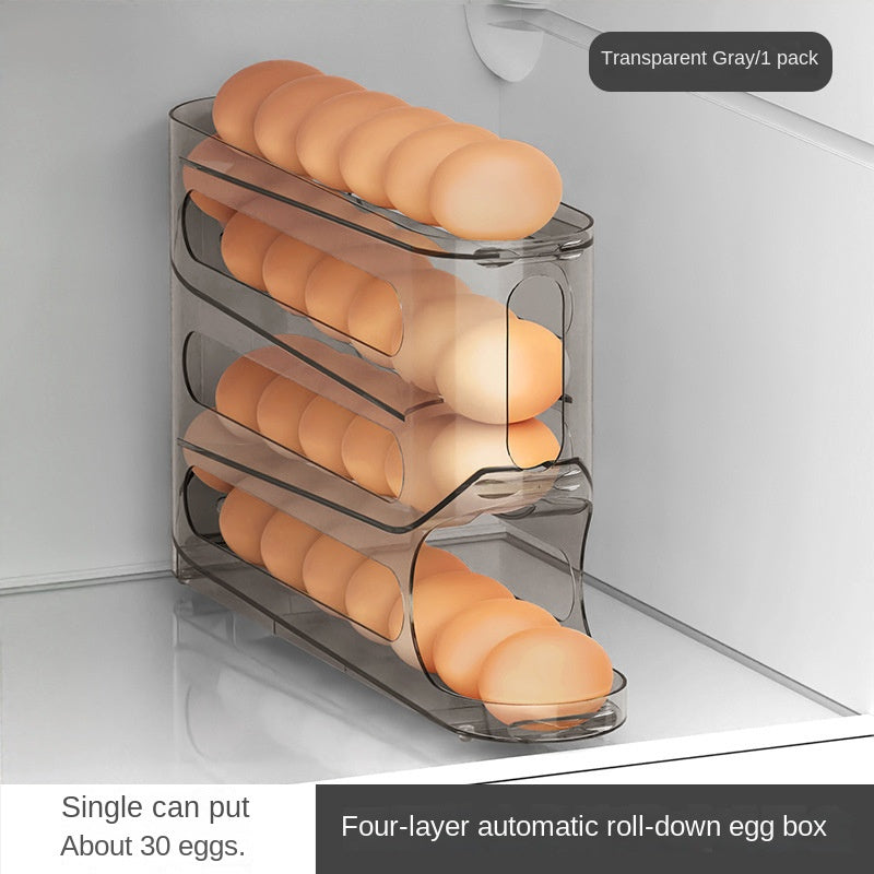 Durable 4-tier egg holder with auto-roll feature for large capacity refrigerator and kitchen storage.