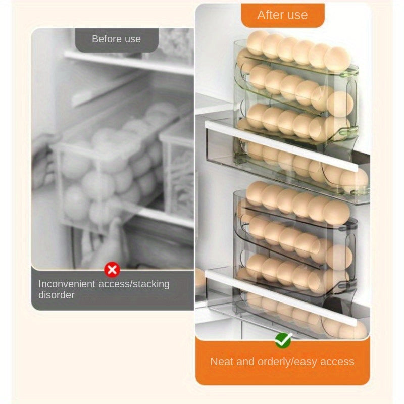 Durable 4-tier egg holder with auto-roll feature for large capacity refrigerator and kitchen storage.