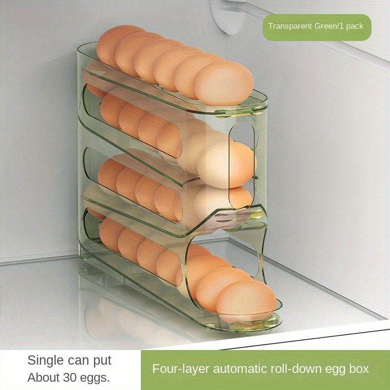 Durable 4-tier egg holder with auto-roll feature for large capacity refrigerator and kitchen storage.