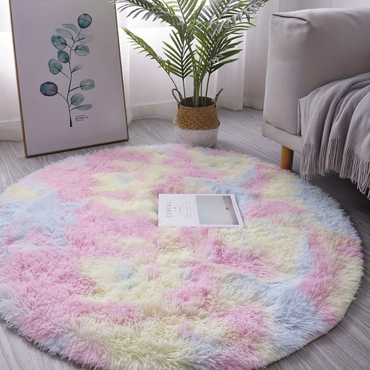 Plush Area Rug with a Soft Tie-Dye Rainbow Design - Perfect for Adding a Cozy Touch to Your Living Room, Bedroom, or Dorm | Stain-Resistant, Non-Slip, Made with 100% Polyester, Requires Dry Cleaning - Ideal for Indoor Use as a Fluffy Decorative Floor Mat