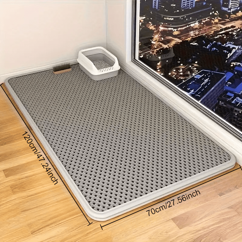 Large, double-layer cat litter mat with splash-proof EVA material, honeycomb design, and non-slip washable pad for pet toilets.