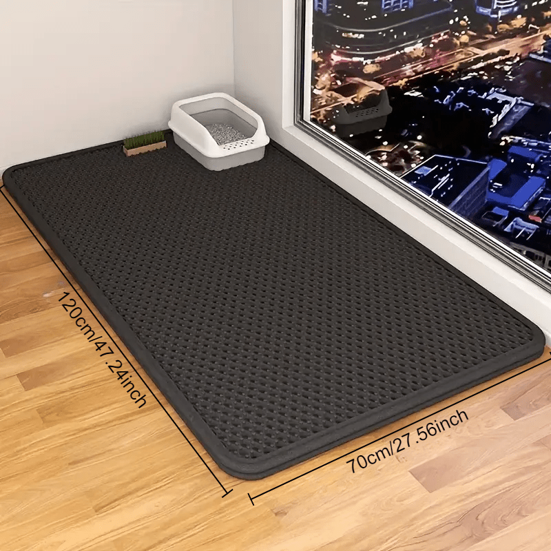 Large, double-layer cat litter mat with splash-proof EVA material, honeycomb design, and non-slip washable pad for pet toilets.