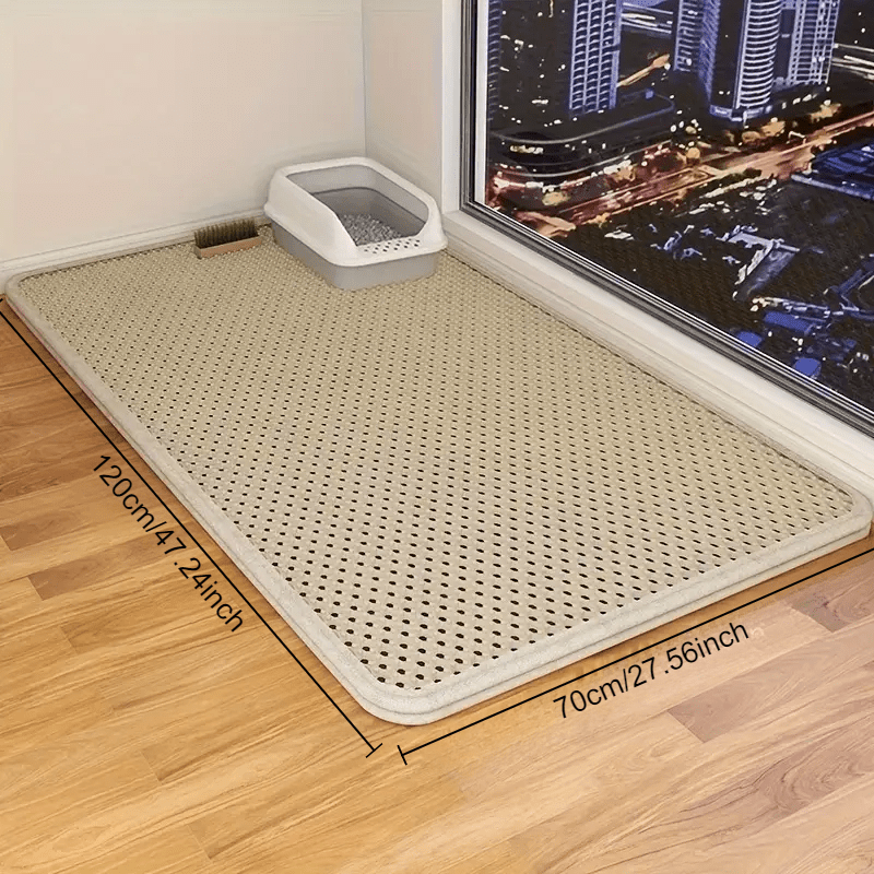 Large, double-layer cat litter mat with splash-proof EVA material, honeycomb design, and non-slip washable pad for pet toilets.