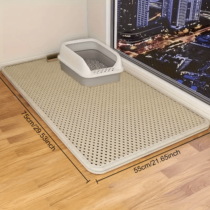 Large, double-layer cat litter mat with splash-proof EVA material, honeycomb design, and non-slip washable pad for pet toilets.