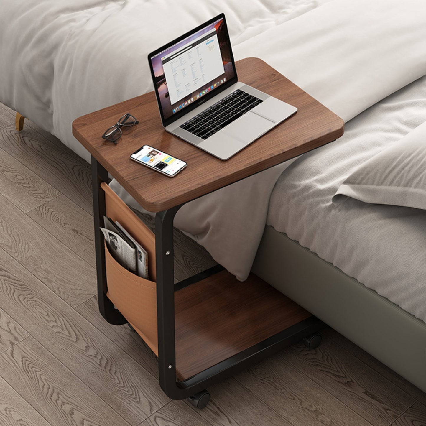 Rolling side table with wheels made of hardwood and metal frame, available in four colors for use in living room or bedside.