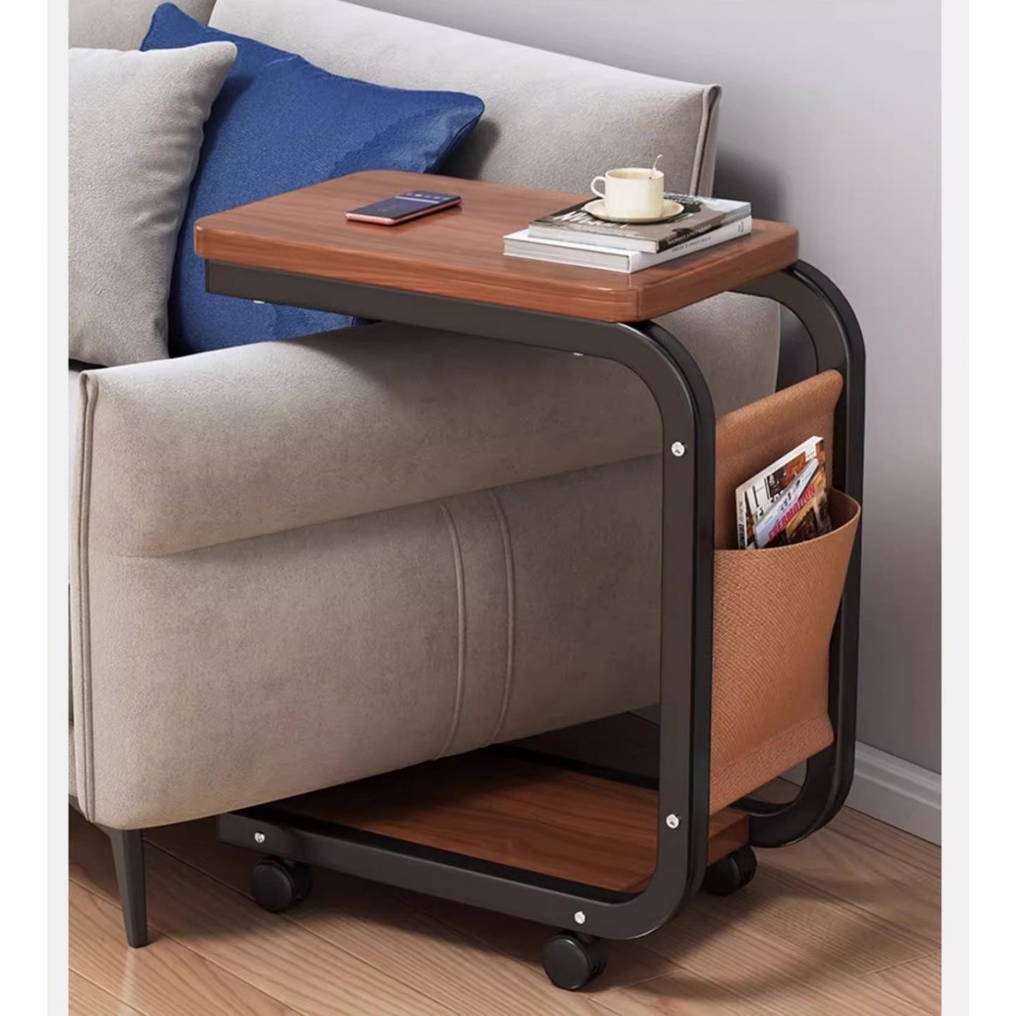 Rolling side table with wheels made of hardwood and metal frame, available in four colors for use in living room or bedside.