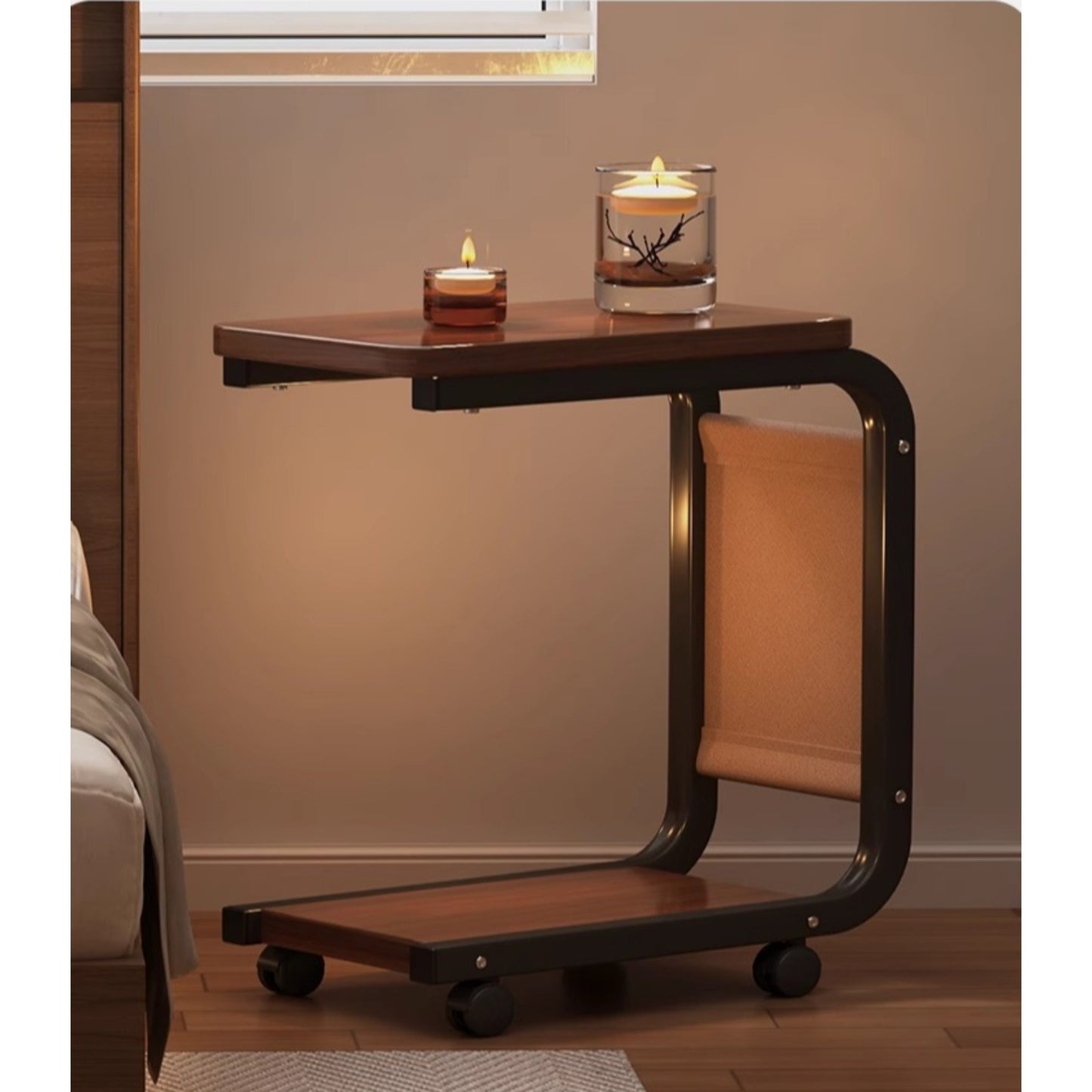 Rolling side table with wheels made of hardwood and metal frame, available in four colors for use in living room or bedside.