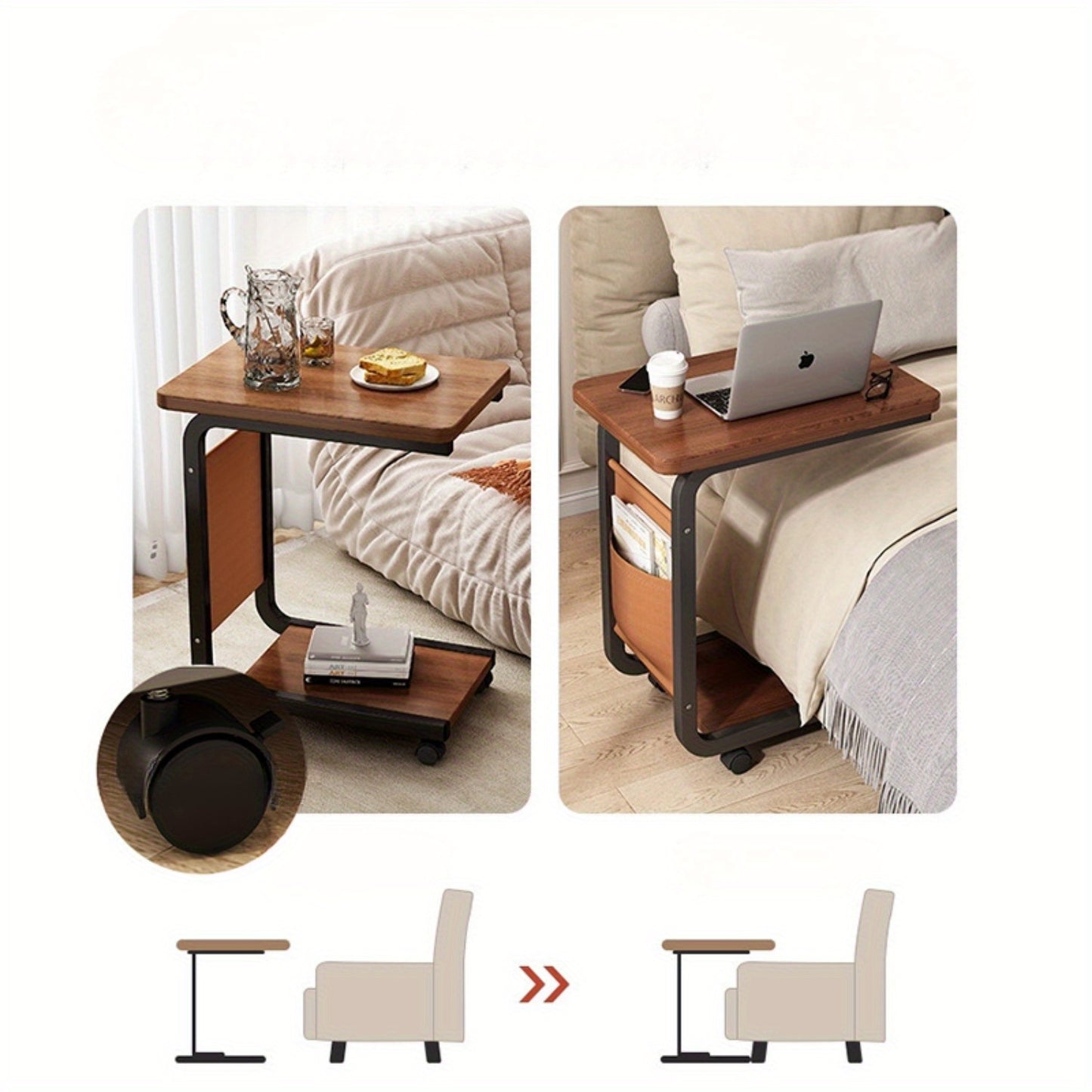 Rolling side table with wheels made of hardwood and metal frame, available in four colors for use in living room or bedside.