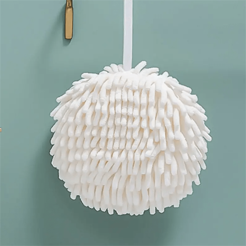 Large Nordic style chenille hanging hand drying ball with quick-dry absorbent properties. Perfect for use as a bathroom towel or cute kitchen cloth, made from high-quality fabric material.