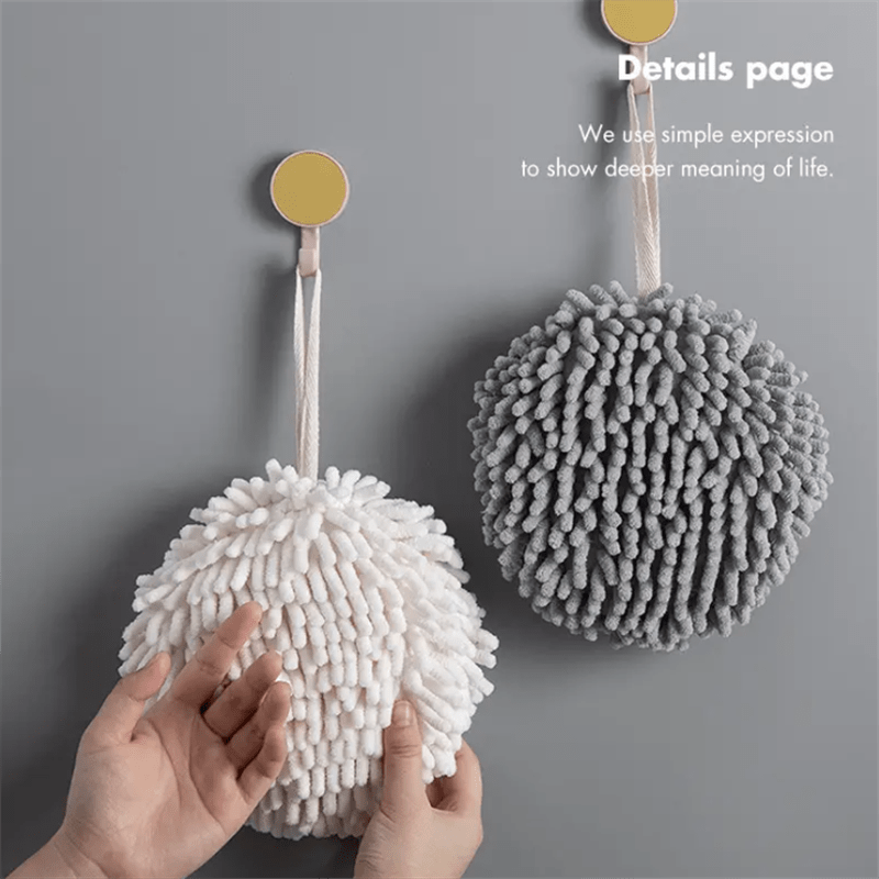 Large Nordic style chenille hanging hand drying ball with quick-dry absorbent properties. Perfect for use as a bathroom towel or cute kitchen cloth, made from high-quality fabric material.