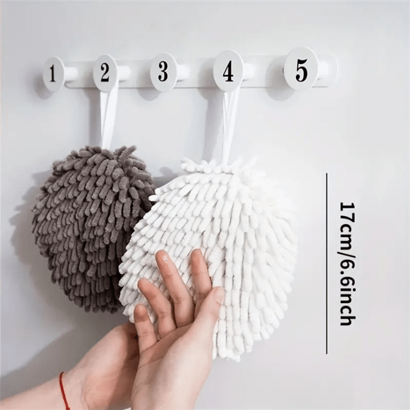 Large Nordic style chenille hanging hand drying ball with quick-dry absorbent properties. Perfect for use as a bathroom towel or cute kitchen cloth, made from high-quality fabric material.