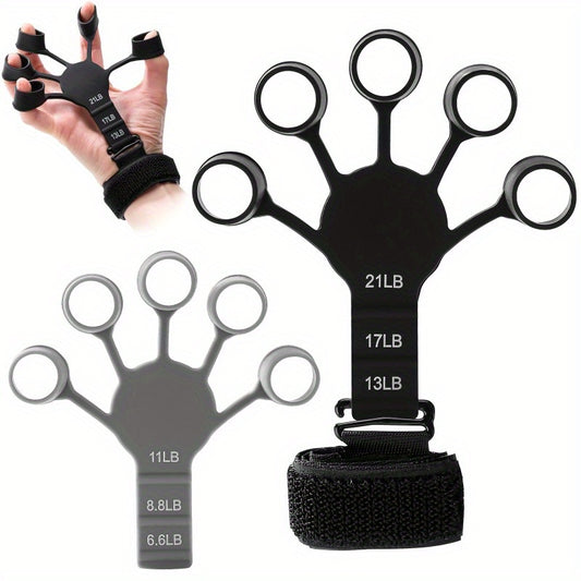 Silicone finger trainer and wrist strengthener with 5-finger cutout design for basketball training.