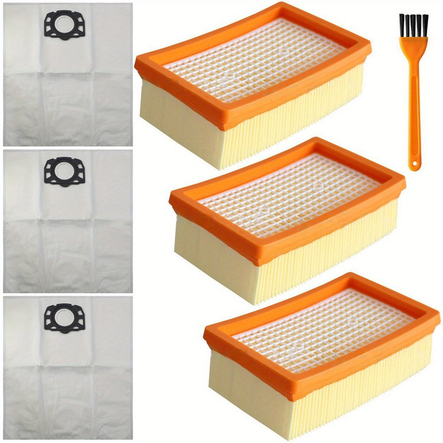 Get a Karcher vacuum cleaner filter and brush set that replaces your old filters and brushes. Works with MV4, MV5, and MV6 models for efficient cleaning. Includes high-efficiency flat mesh filter cartridge and dusting brush kit.