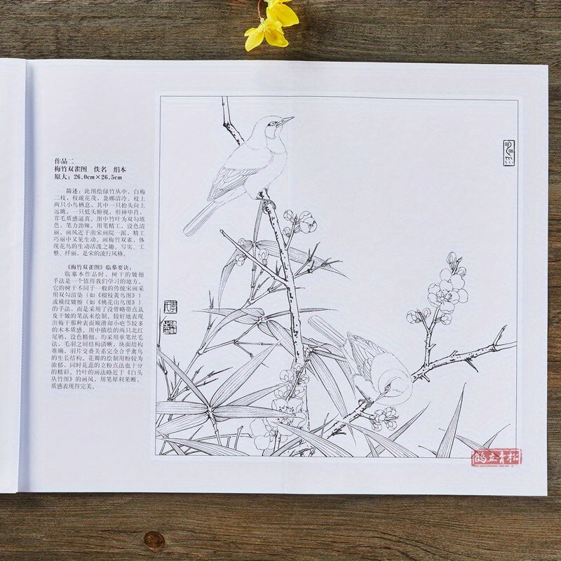 Chinese Painting Techniques Book featuring Song Dynasty bird and flower sketches, white outline drawing drafts, and color examples. A learning guide for art school, published by Tianjin