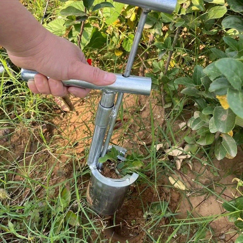 1pc Stainless Steel Bulb Planter for plant and fruit tree saplings. Long handle gardening tool for seed planting and flower cultivation. Rustic style with multiple components.