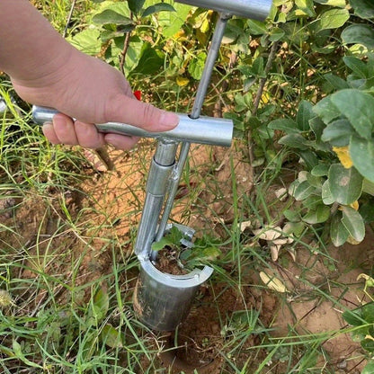 1pc Stainless Steel Bulb Planter for plant and fruit tree saplings. Long handle gardening tool for seed planting and flower cultivation. Rustic style with multiple components.