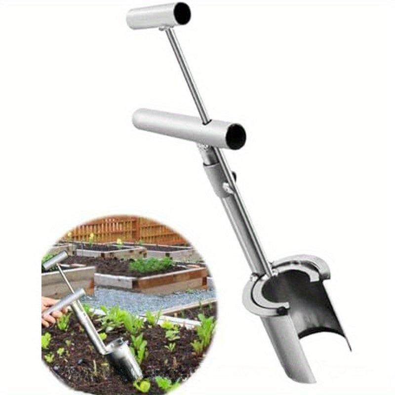 1pc Stainless Steel Bulb Planter for plant and fruit tree saplings. Long handle gardening tool for seed planting and flower cultivation. Rustic style with multiple components.