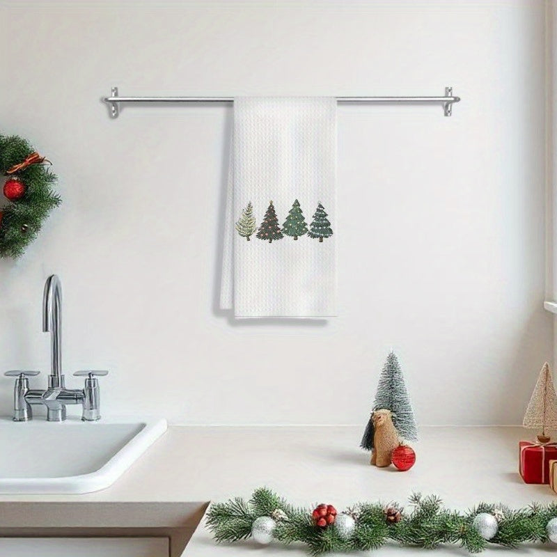 One festive Christmas-themed kitchen towel with green Christmas trees, perfect for use in both the bathroom and kitchen. Ideal for drying dishes or hands, and also great as a decorative touch during the holiday season. Each towel measures 18 by 66.04 cm.