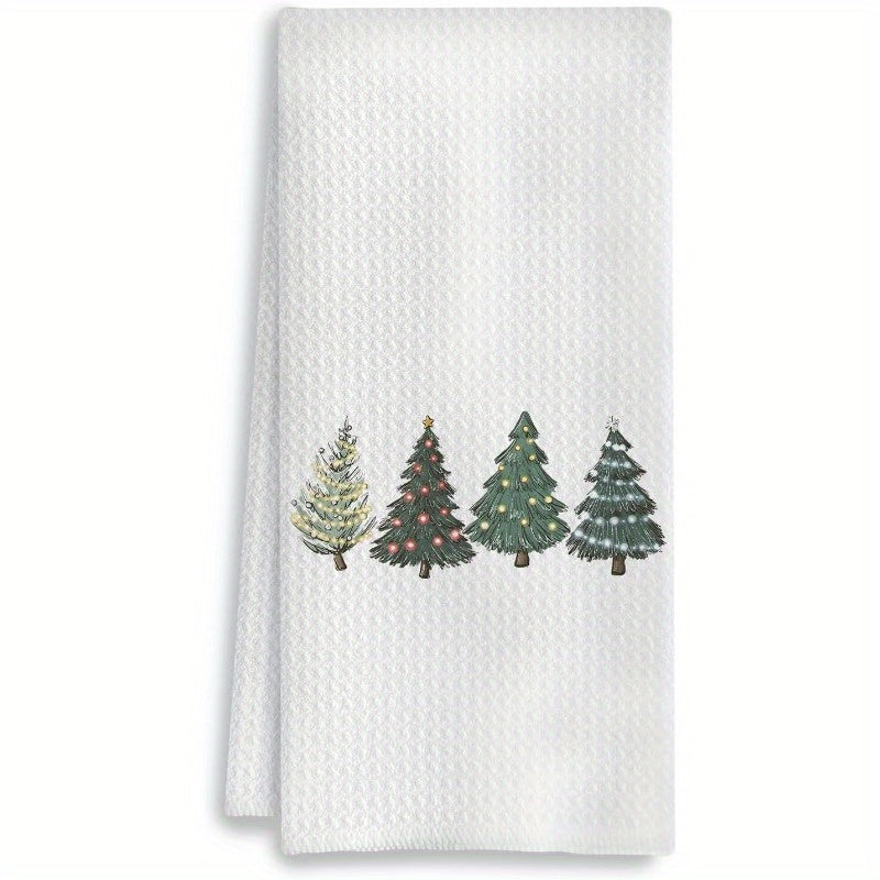 One festive Christmas-themed kitchen towel with green Christmas trees, perfect for use in both the bathroom and kitchen. Ideal for drying dishes or hands, and also great as a decorative touch during the holiday season. Each towel measures 18 by 66.04 cm.