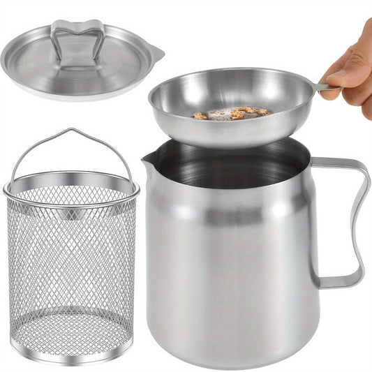 Stainless Steel Oil Filter Pot with Lid, Fine Mesh Strainer, and Ergonomic Handle – 1.5L / 2L Capacity. Rustproof Oil Storage Can and Bacon Grease Container for Home Kitchen. Stainless Steel Oil Saver and Grease Keeper.