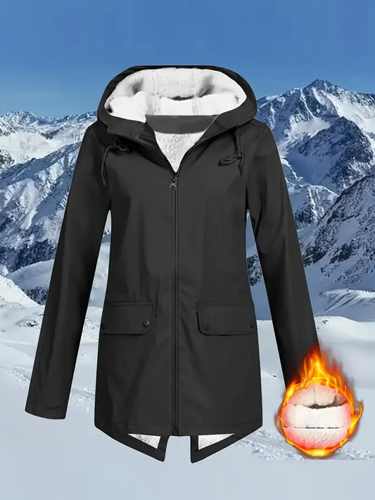 Women's Plus Size Hooded Fleece Lined Jacket, Waterproof Warm Plush Lined Outerwear