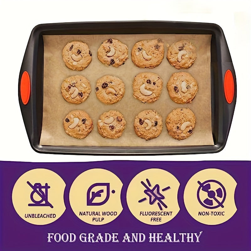 50 pieces of unbleached non-stick baking sheets that are high heat resistant, suitable for cupcakes, cookies, bread, and holiday meals. These chemical-free liners are easy to clean and disposable, making them perfect for use in ovens, BBQs, and air