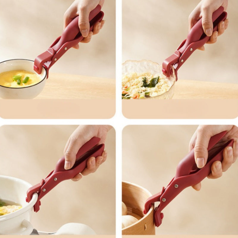 Two pieces of heat-resistant silicone potato clips that are designed to securely grip dishes without slipping. These kitchen utensils are ideal for handling hot food, as well as lifting plastic bowls and pans with ease.