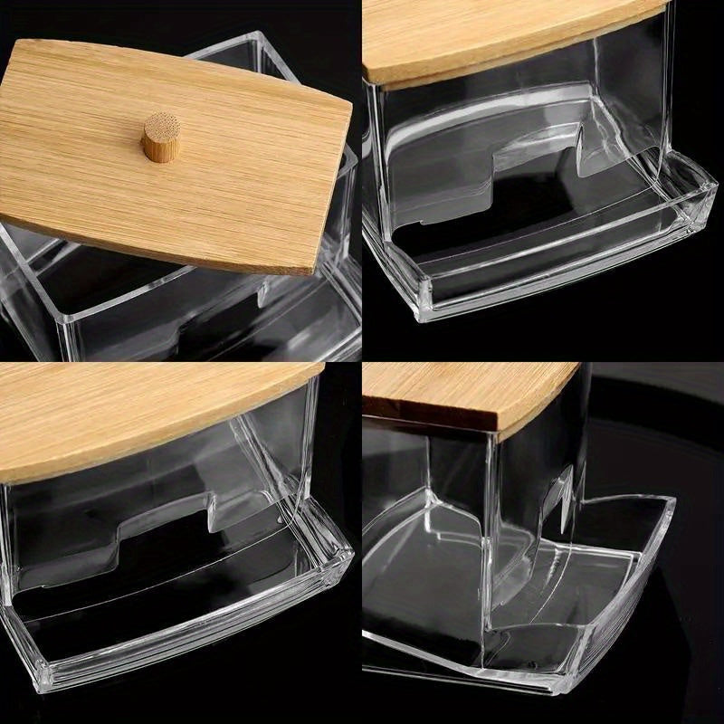 Plastic swab holder with wooden lid. Freestanding dispenser, no electricity required. Bathroom and makeup organizer. Stylish storage solution.