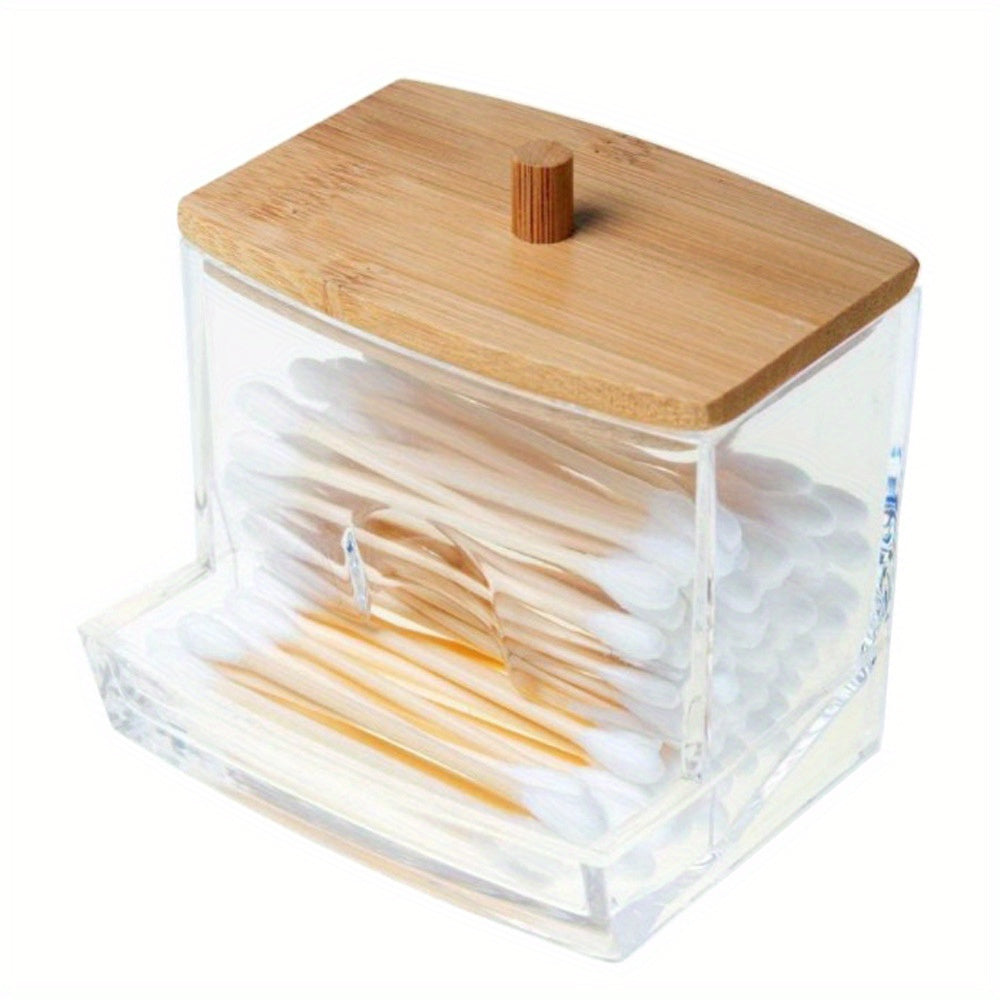 Plastic swab holder with wooden lid. Freestanding dispenser, no electricity required. Bathroom and makeup organizer. Stylish storage solution.