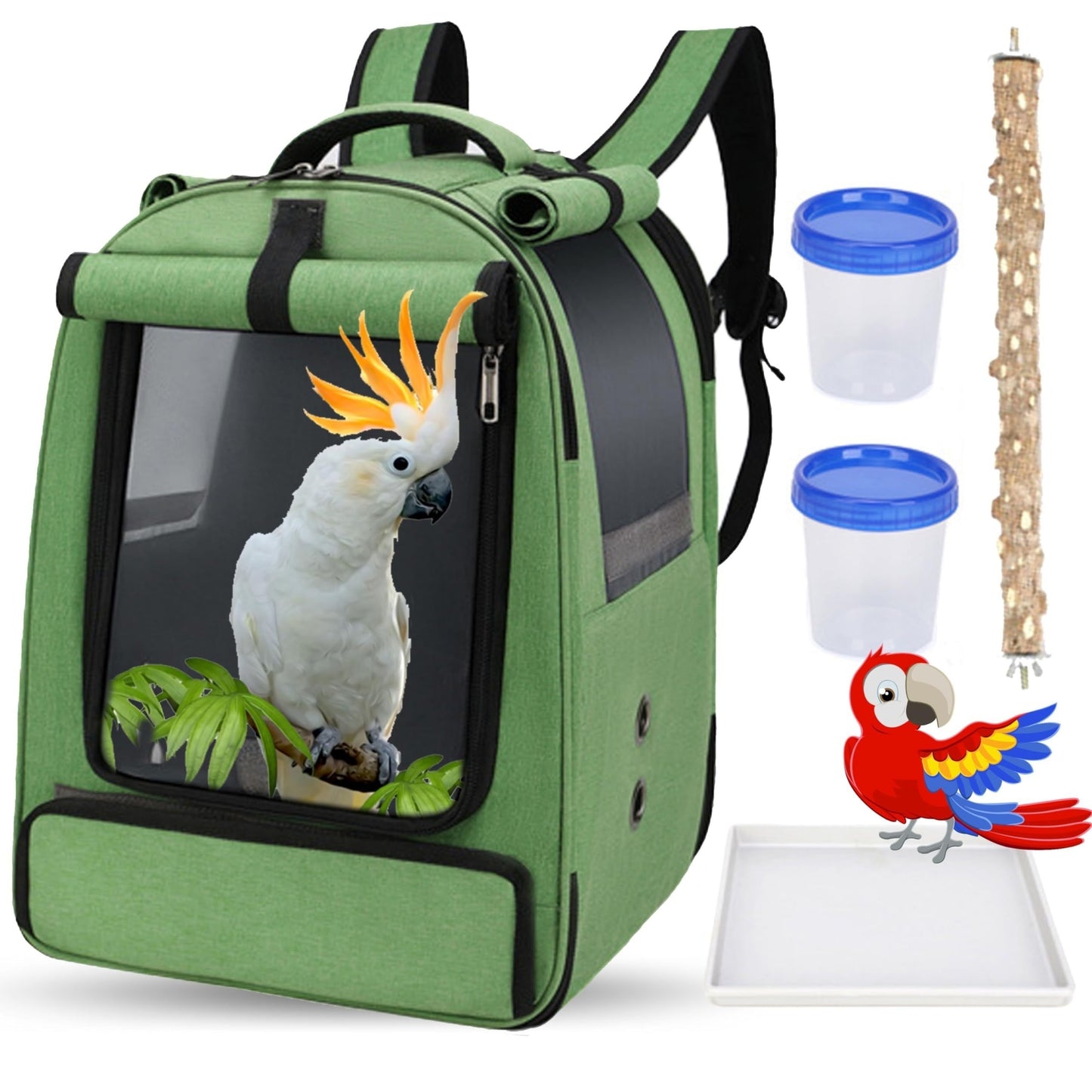 Portable bird travel backpack cage with accessories for African Greys and parrots, featuring 2 bowls, stand perch, zipper closure, and breathable mesh. Suitable for large and small birds.