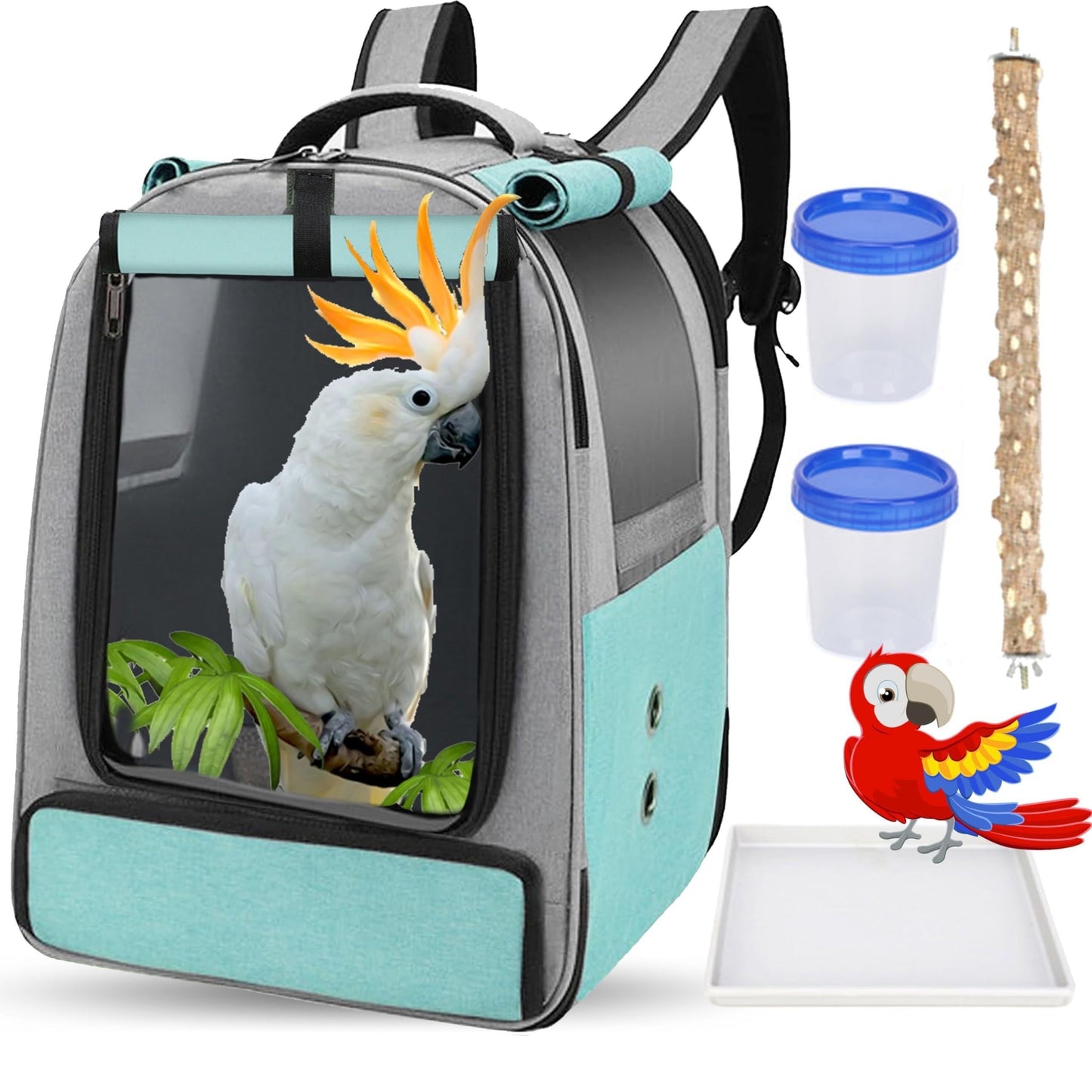 Portable bird travel backpack cage with accessories for African Greys and parrots, featuring 2 bowls, stand perch, zipper closure, and breathable mesh. Suitable for large and small birds.