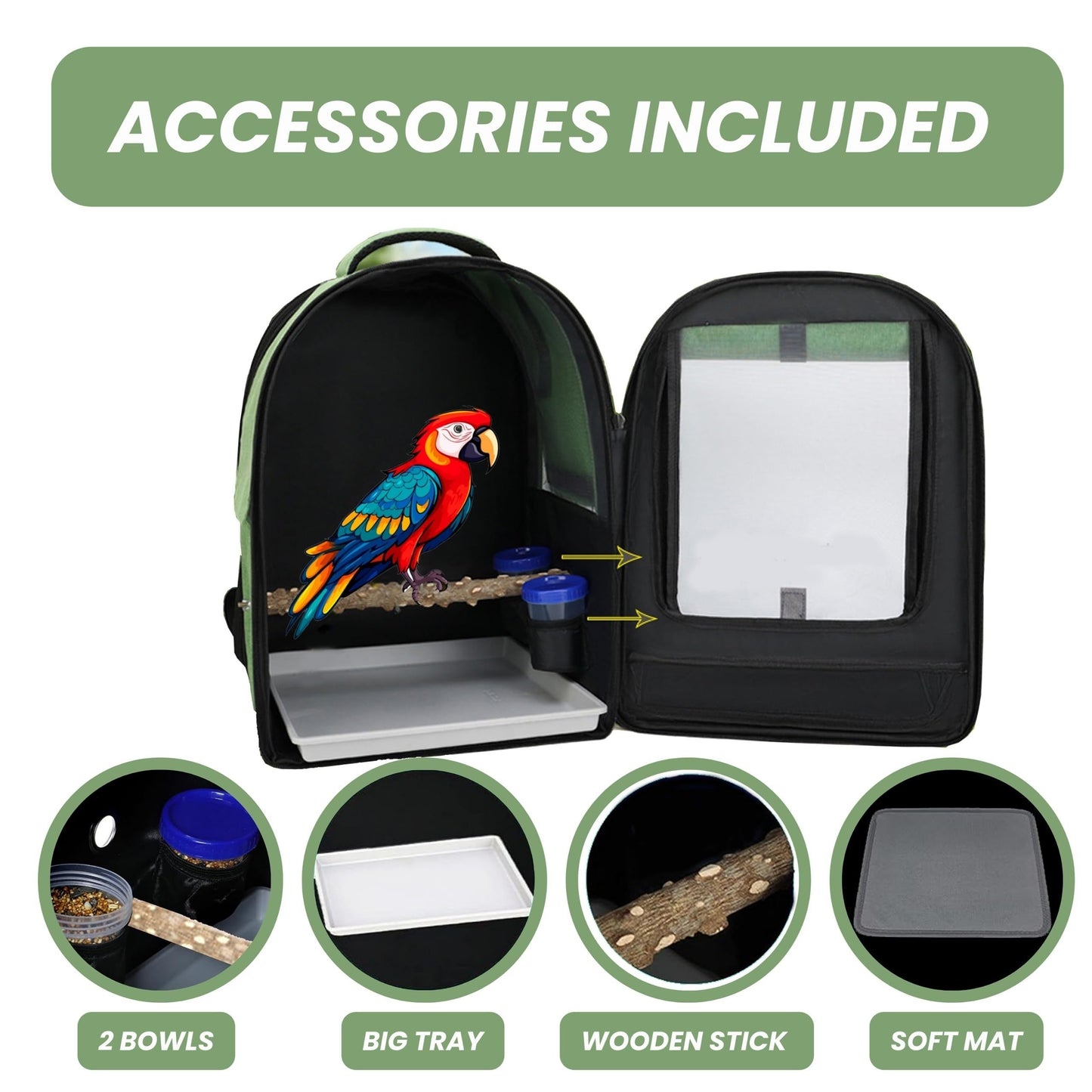 Portable bird travel backpack cage with accessories for African Greys and parrots, featuring 2 bowls, stand perch, zipper closure, and breathable mesh. Suitable for large and small birds.