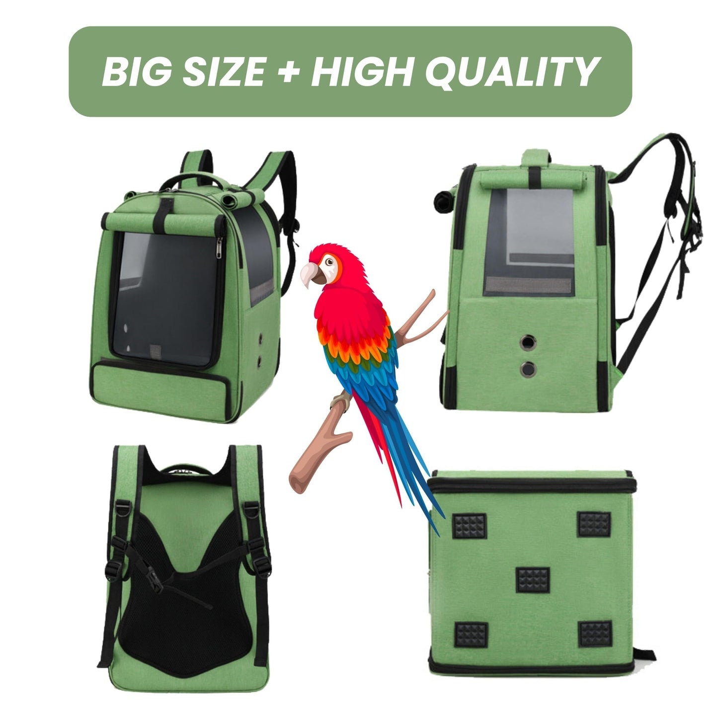 Portable bird travel backpack cage with accessories for African Greys and parrots, featuring 2 bowls, stand perch, zipper closure, and breathable mesh. Suitable for large and small birds.