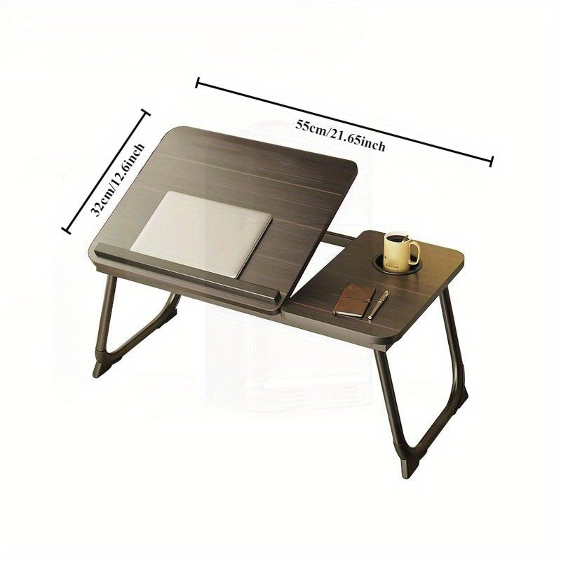 Folding laptop desk with adjustable height settings, in white/black, suitable for home, dorm, or office use. Ideal for studying or working in bed.