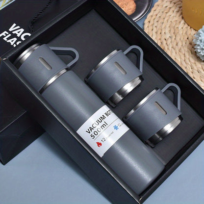 500ml Stainless Steel Vacuum Insulated Flask Set with 2 Cups for Hot and Cold Beverages - Perfect for Business Travel and School