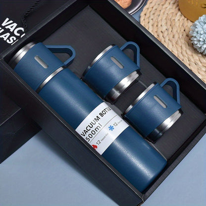 500ml Stainless Steel Vacuum Insulated Flask Set with 2 Cups for Hot and Cold Beverages - Perfect for Business Travel and School