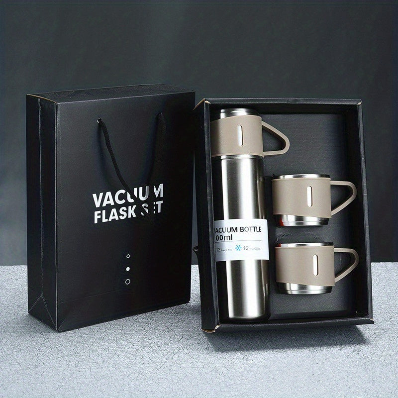 500ml Stainless Steel Vacuum Insulated Flask Set with 2 Cups for Hot and Cold Beverages - Perfect for Business Travel and School