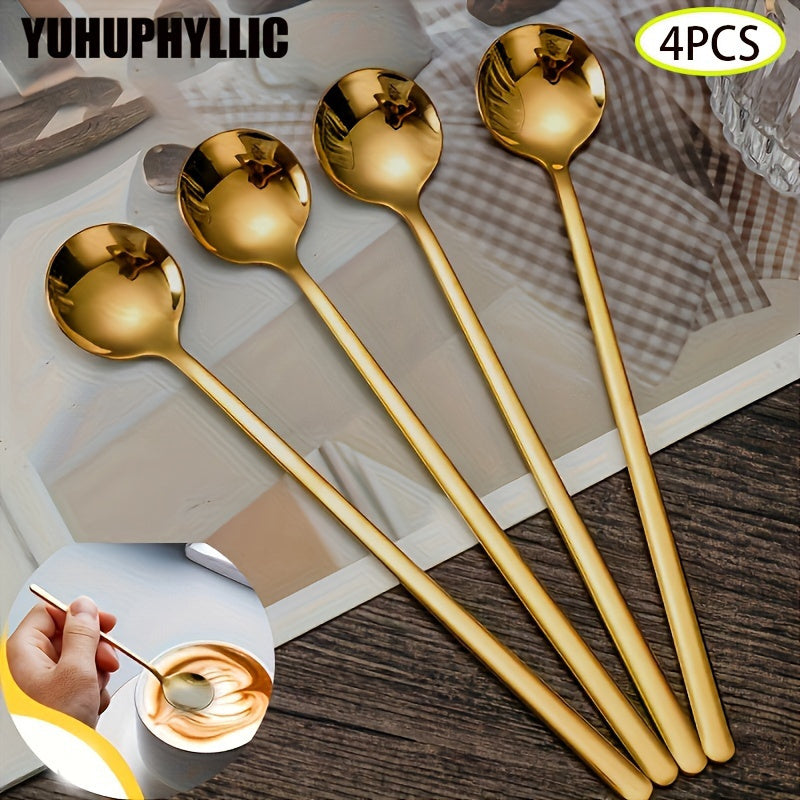 Collection of four coffee scoops made of stainless steel, featuring long handles for stirring espresso, as well as serving tea and iced beverages. These elegant spoons are perfect for any table setting.