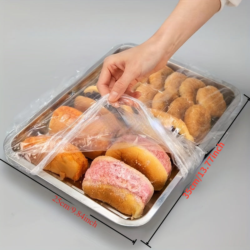 Transparent telescopic food covers that are reusable, elastic, and come in a pack of 50 or 150 pieces. Ideal for covering bread, fruits, vegetables, and desserts, these covers are versatile kitchen essentials for storage.