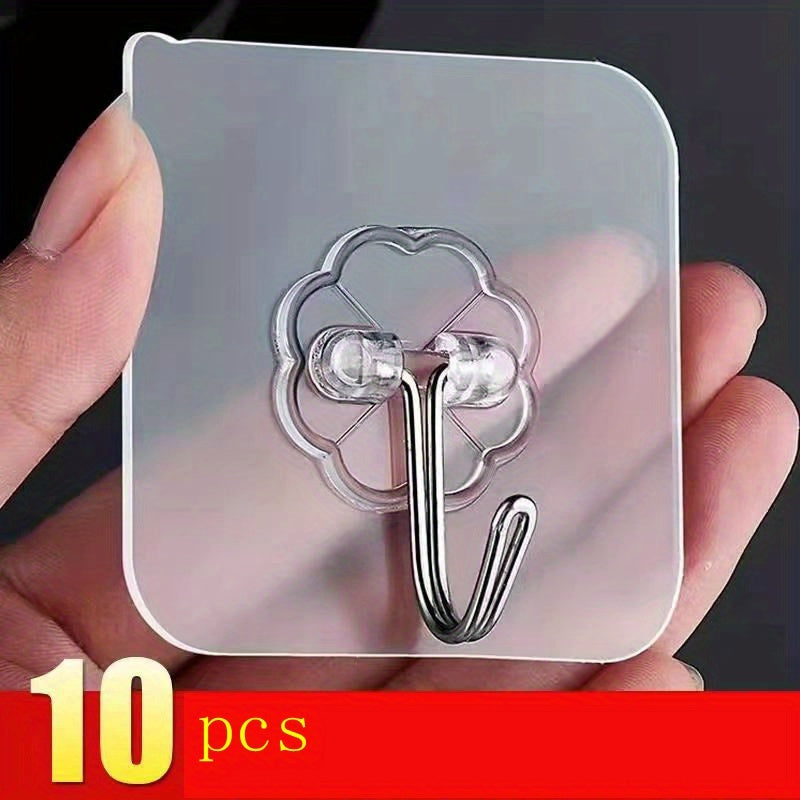 10-Pack of heavy-duty waterproof adhesive hooks for fashionable organization in bathroom, kitchen, and home storage.