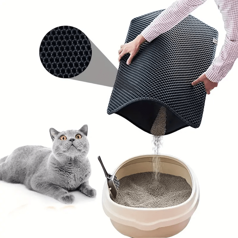 Large, double-layer cat litter mat with splash-proof EVA material, honeycomb design, and non-slip washable pad for pet toilets.