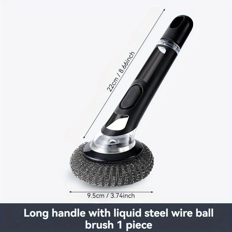 Multi-functional kitchen cleaning brush with liquid dispenser and long handle for easy cleaning of pots, bathrooms, glass, walls, and floors. Choose between TEP and wire ball options for effective scrubbing. Ideal home cleaning tool.