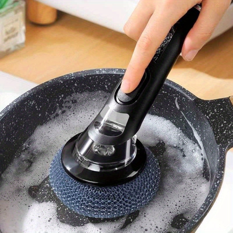 Multi-functional kitchen cleaning brush with liquid dispenser and long handle for easy cleaning of pots, bathrooms, glass, walls, and floors. Choose between TEP and wire ball options for effective scrubbing. Ideal home cleaning tool.