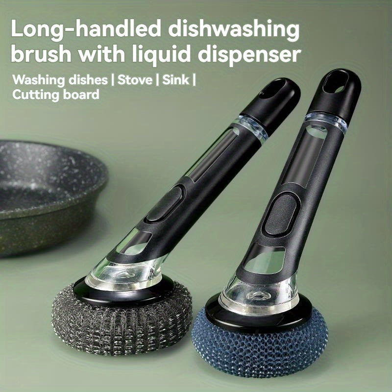 Multi-functional kitchen cleaning brush with liquid dispenser and long handle for easy cleaning of pots, bathrooms, glass, walls, and floors. Choose between TEP and wire ball options for effective scrubbing. Ideal home cleaning tool.