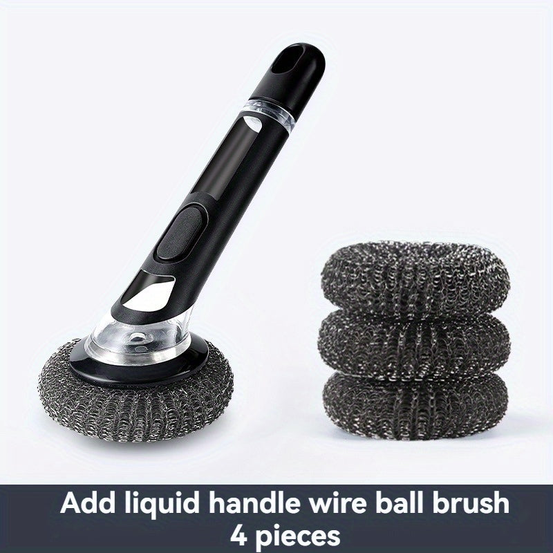 Multi-functional kitchen cleaning brush with liquid dispenser and long handle for easy cleaning of pots, bathrooms, glass, walls, and floors. Choose between TEP and wire ball options for effective scrubbing. Ideal home cleaning tool.