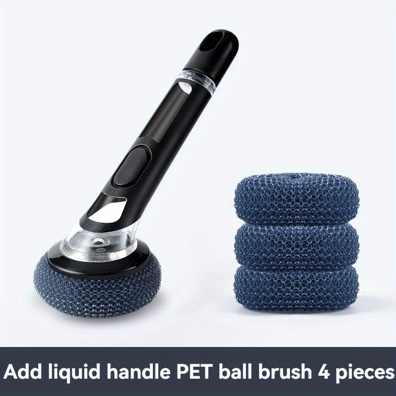 Multi-functional kitchen cleaning brush with liquid dispenser and long handle for easy cleaning of pots, bathrooms, glass, walls, and floors. Choose between TEP and wire ball options for effective scrubbing. Ideal home cleaning tool.