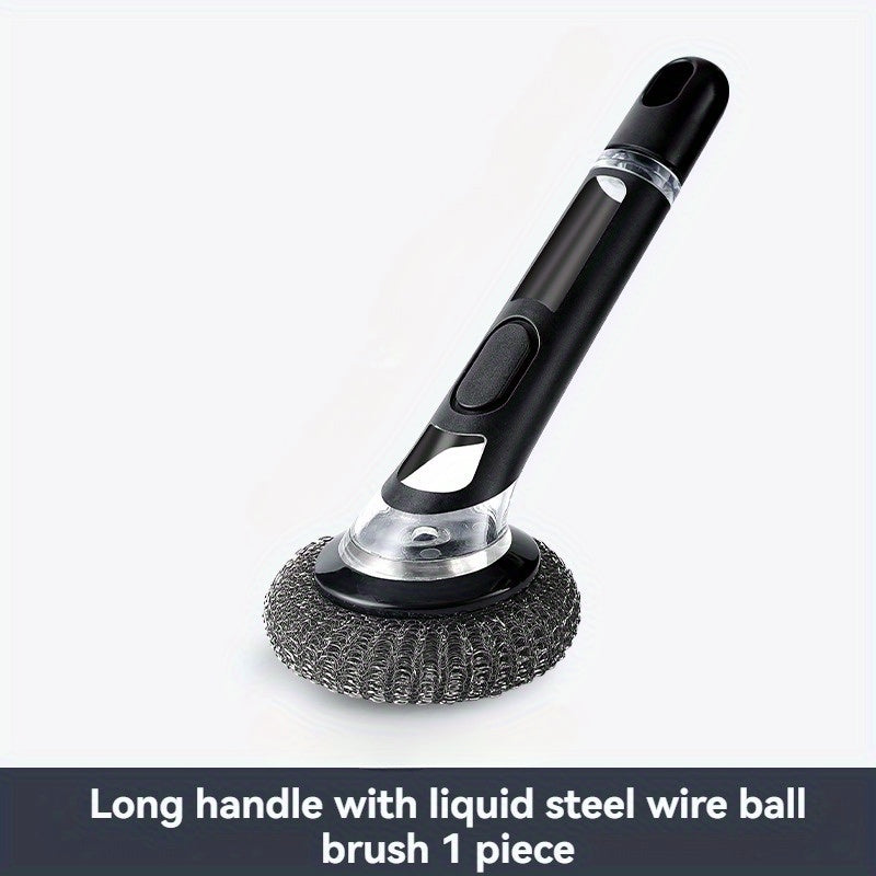 Multi-functional kitchen cleaning brush with liquid dispenser and long handle for easy cleaning of pots, bathrooms, glass, walls, and floors. Choose between TEP and wire ball options for effective scrubbing. Ideal home cleaning tool.