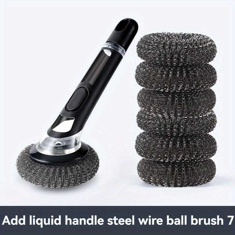 Multi-functional kitchen cleaning brush with liquid dispenser and long handle for easy cleaning of pots, bathrooms, glass, walls, and floors. Choose between TEP and wire ball options for effective scrubbing. Ideal home cleaning tool.