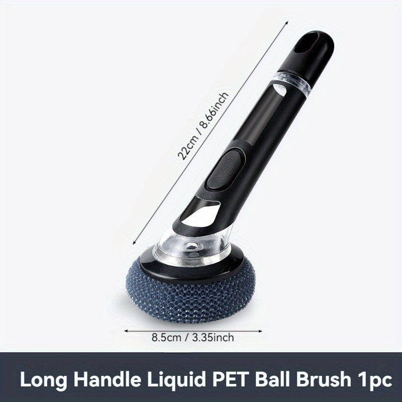 Multi-functional kitchen cleaning brush with liquid dispenser and long handle for easy cleaning of pots, bathrooms, glass, walls, and floors. Choose between TEP and wire ball options for effective scrubbing. Ideal home cleaning tool.